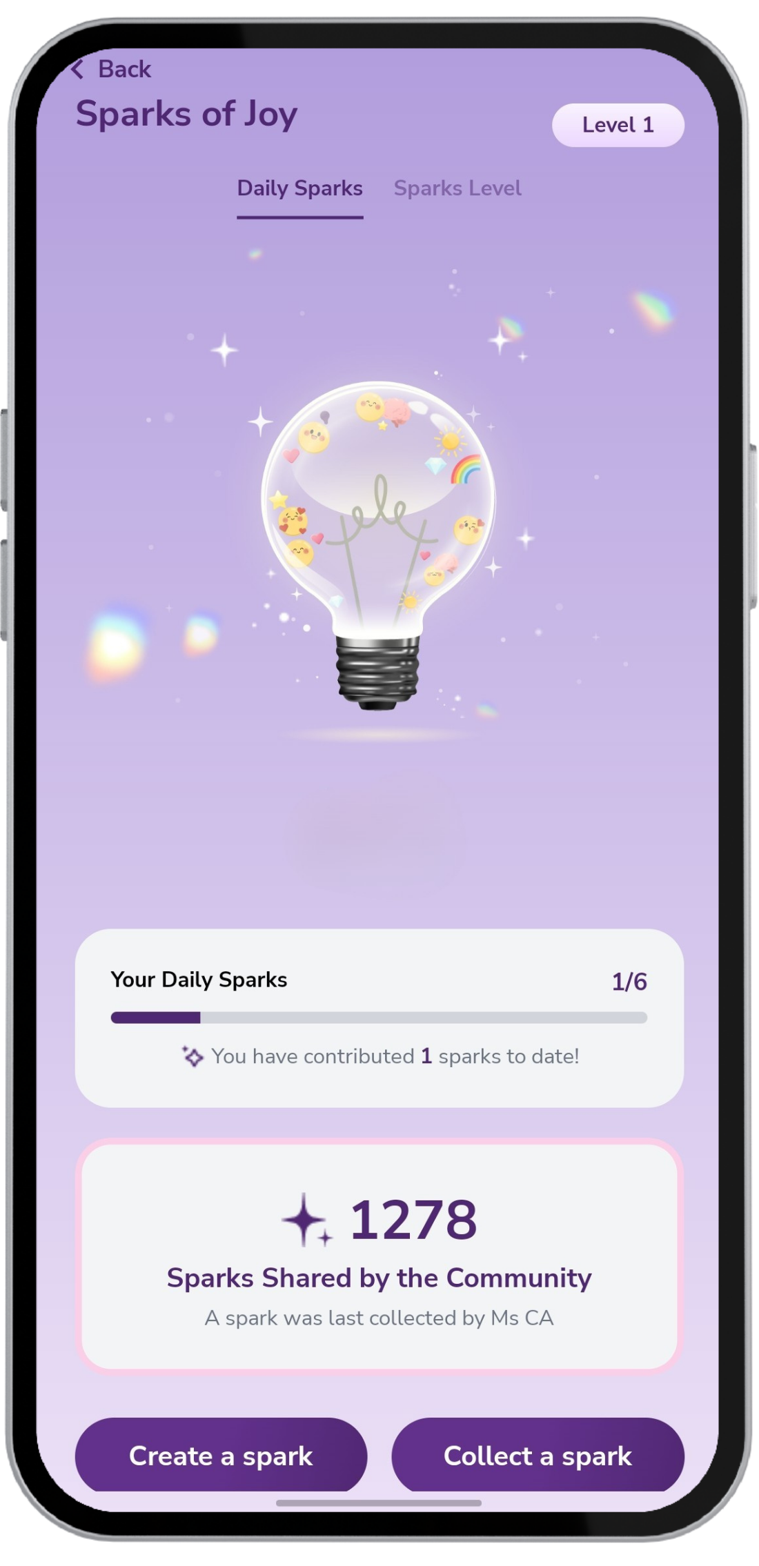 Sparks of Joy main screen showing daily progress and the Create a Spark button