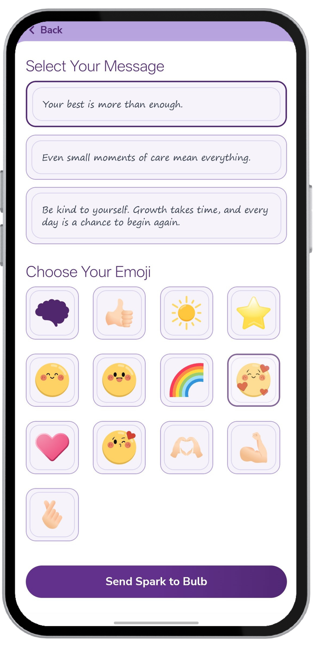 Create Your Spark screen showing emoji selection