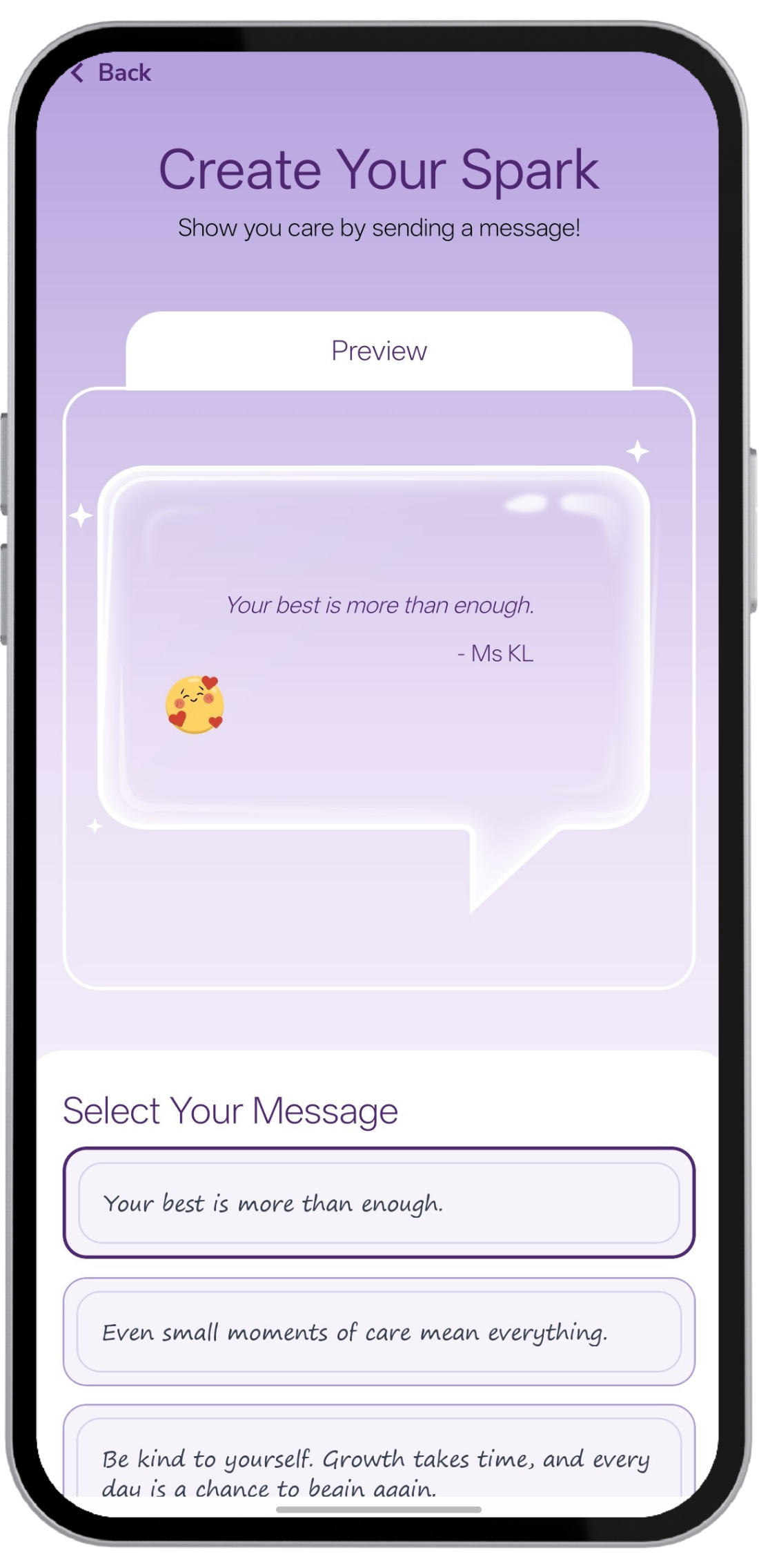 Create Your Spark screen showing a message preview and a list of messages to choose from