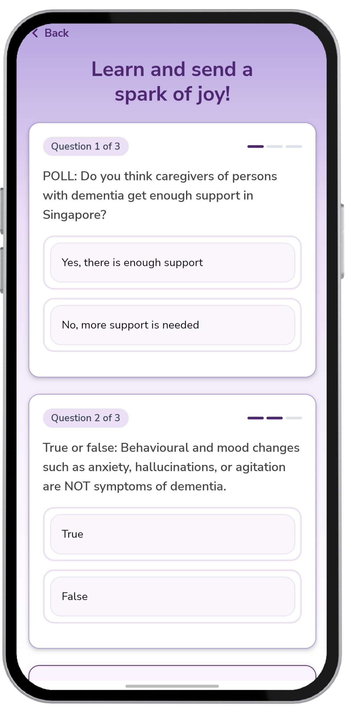 Quiz screen with three questions about dementia caregiving