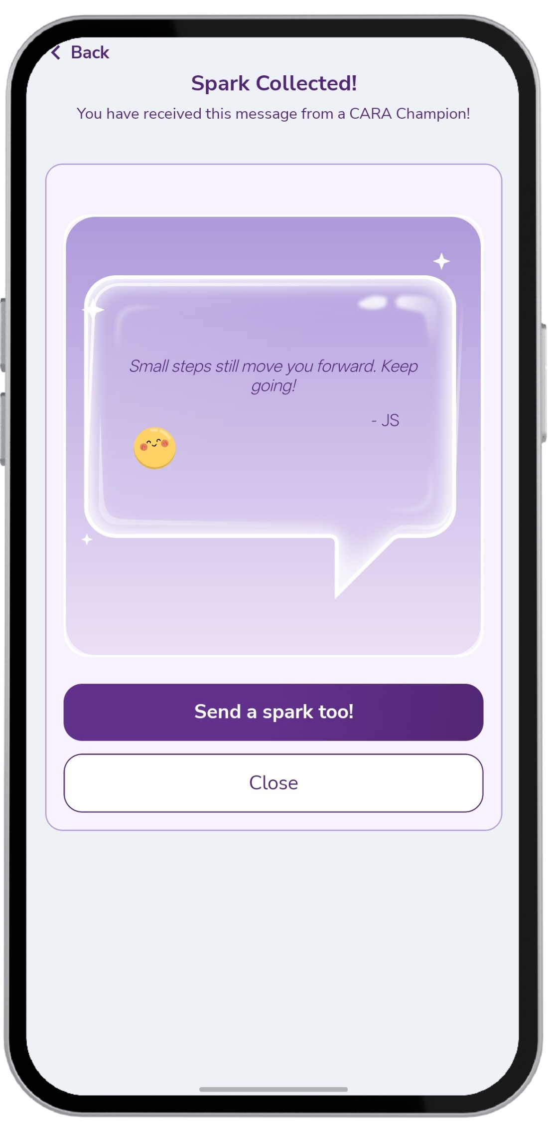 Screen showing an encouraging message collected from the CARA community